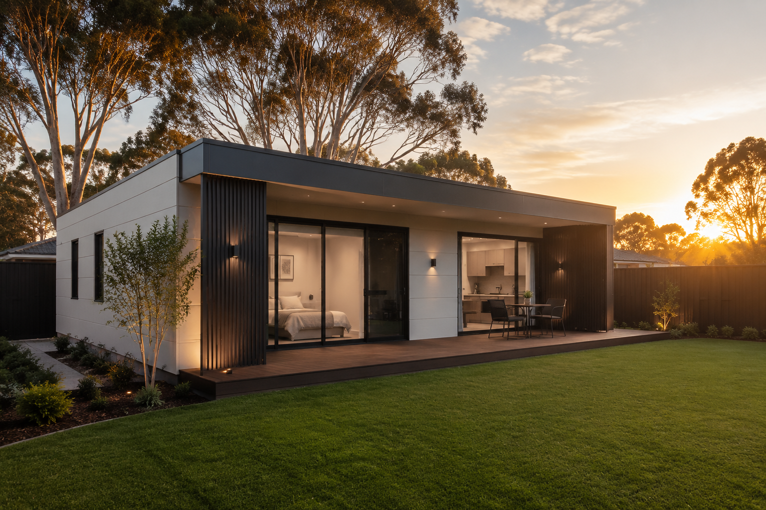 Premium modular granny flat exterior at golden hour — Kinet House Australia