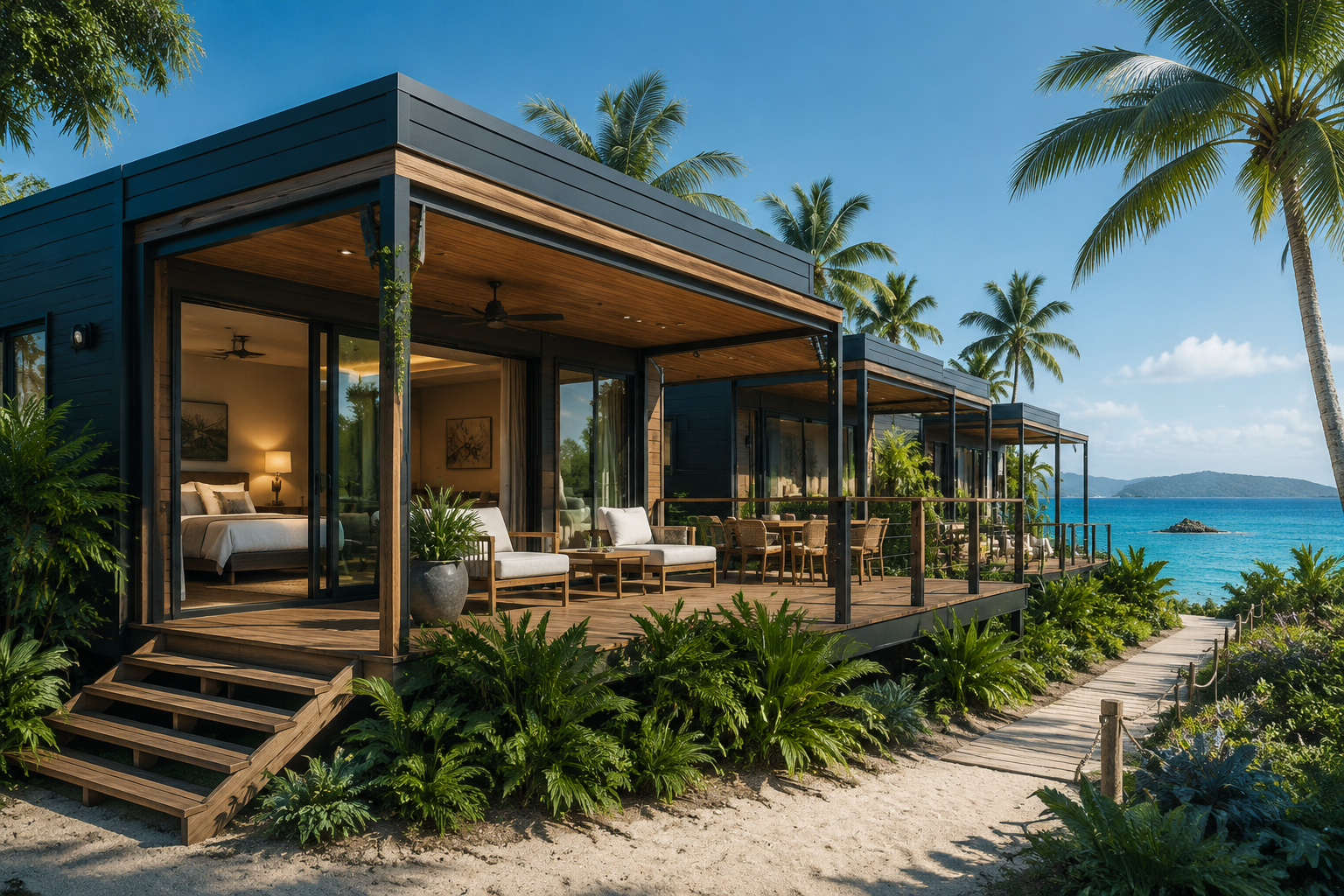 Resort cabin accommodation — Kinet modular cabins in tropical island setting