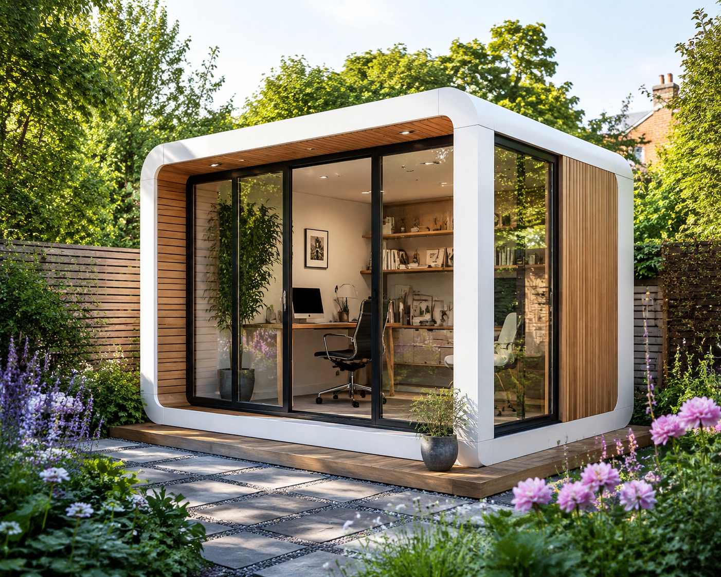 Modern home office studio pod in garden setting