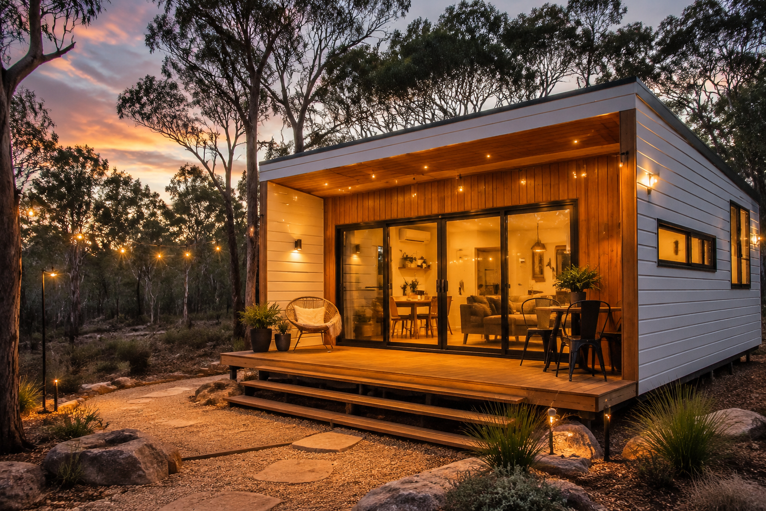 Cozy Airbnb investment cabin with wooden deck at dusk
